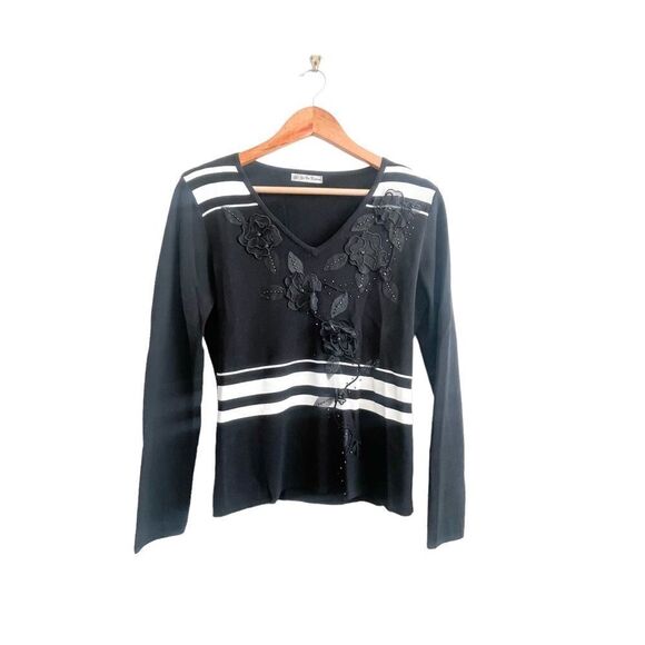 Fashion Sweater Black White Stripes Lace Flowers Beaded Women's S V-Neck - Picture 1 of 8